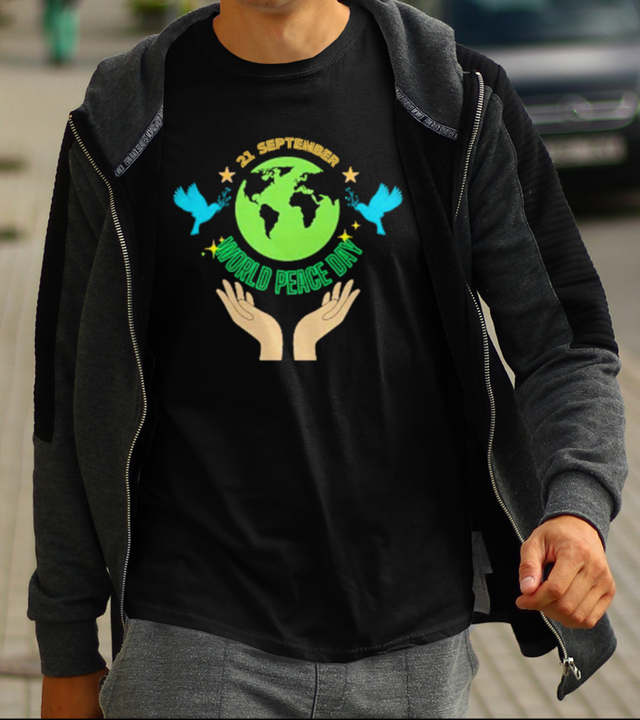 21 September World Peace Day Earth Doves Hands Stars T-Shirt