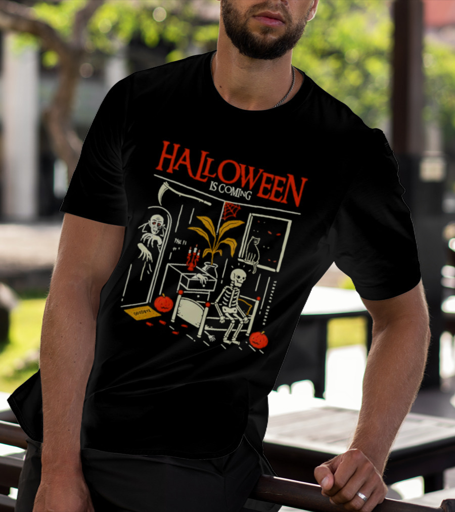 Halloween Is Coming Skeleton With Ghost And Pumpkins In Spooky Room T-Shirt