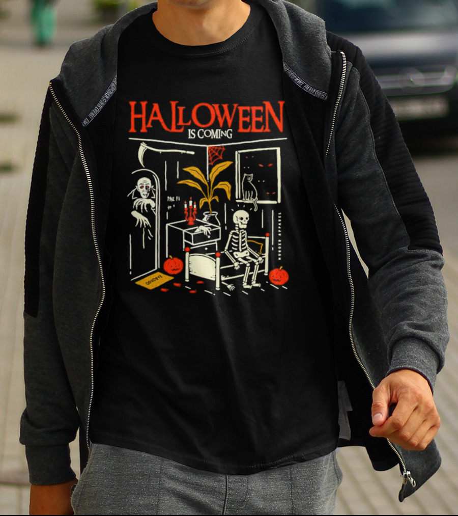 Halloween Is Coming Skeleton With Ghost And Pumpkins In Spooky Room T-Shirt