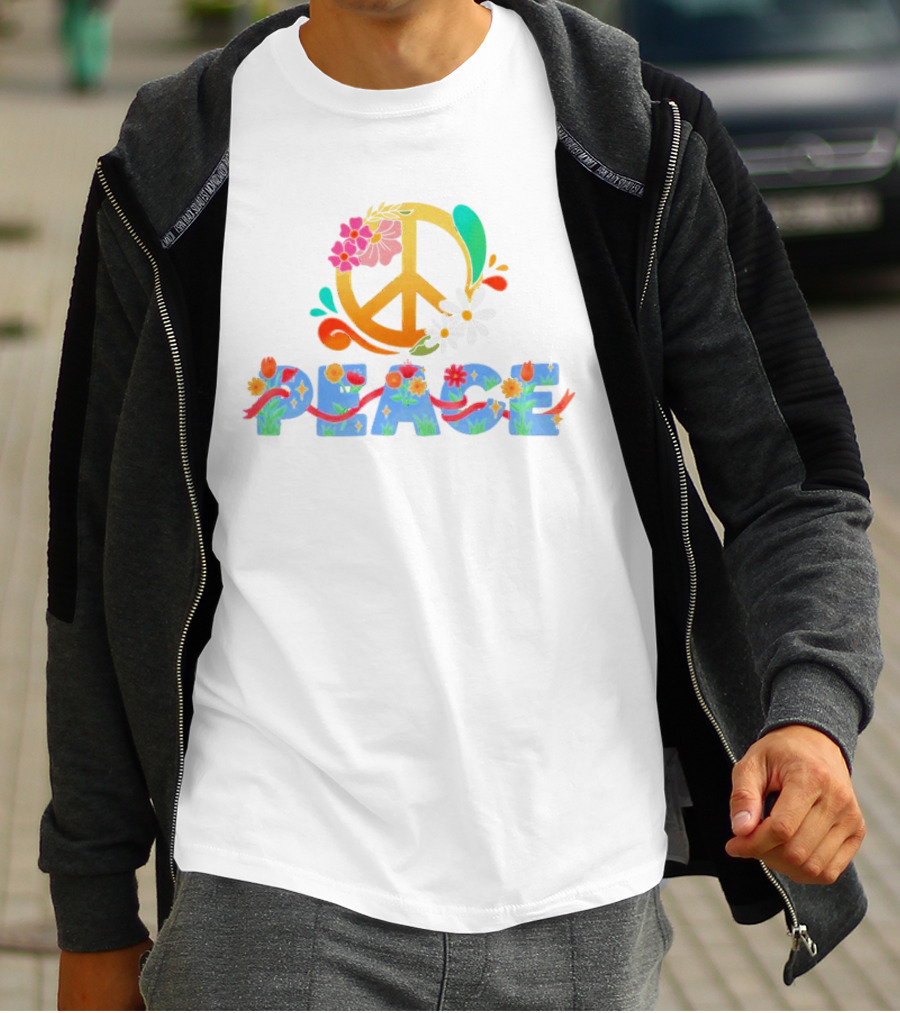 Peace Sign With Flower And Colorful Floral Lettering For International Day Of Peace T-Shirt