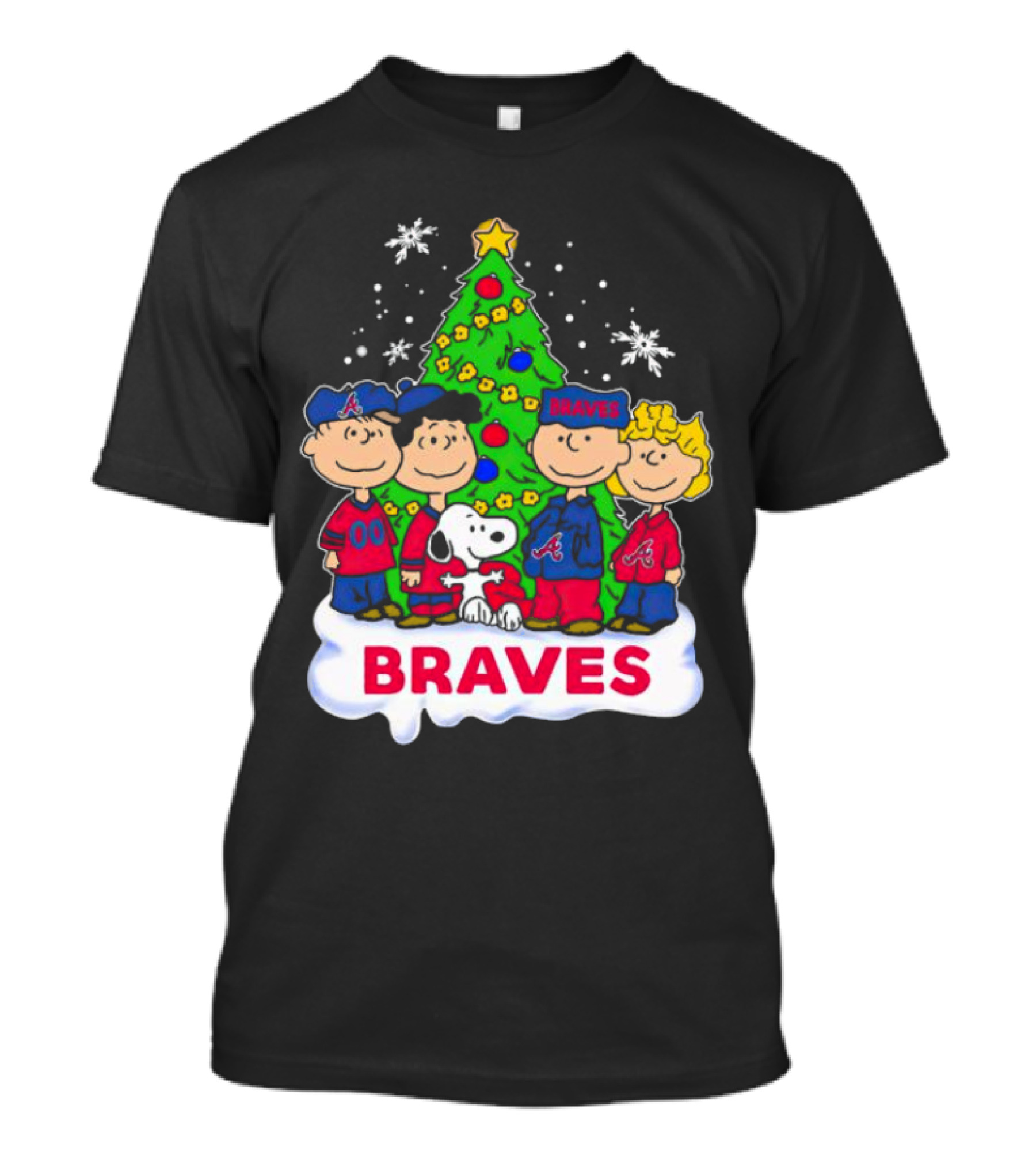 Peanuts Characters Atlanta Braves Christmas Tree Snowflakes T-Shirt