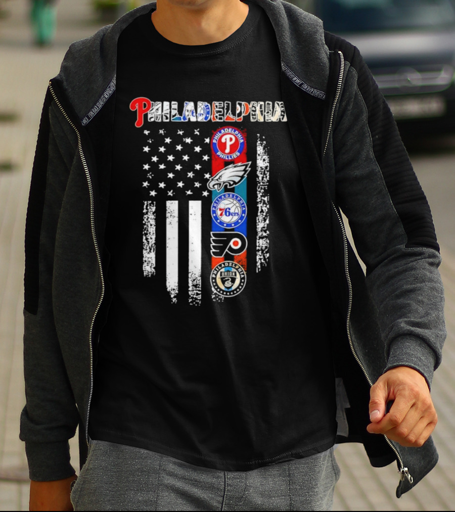 Philadelphia Phillies Eagles 76ers Flyers Union American Flag T-Shirt