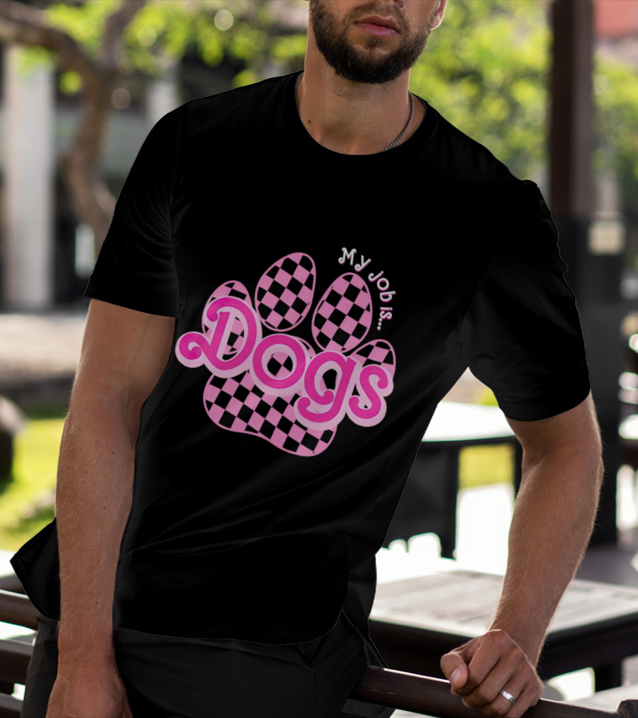 Barbie My Job Is Dogs Pink Checkered Paw Prints T-Shirt
