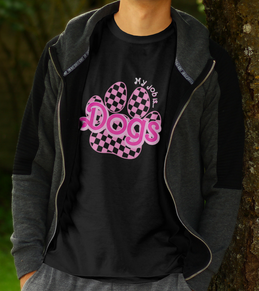 Barbie My Job Is Dogs Pink Checkered Paw Prints T-Shirt