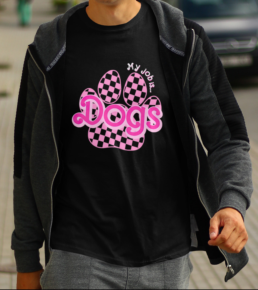 Barbie My Job Is Dogs Pink Checkered Paw Prints T-Shirt