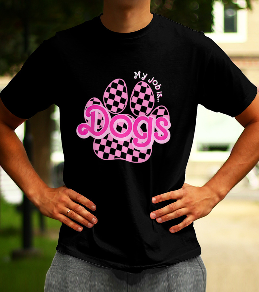 Barbie My Job Is Dogs Pink Checkered Paw Prints T-Shirt
