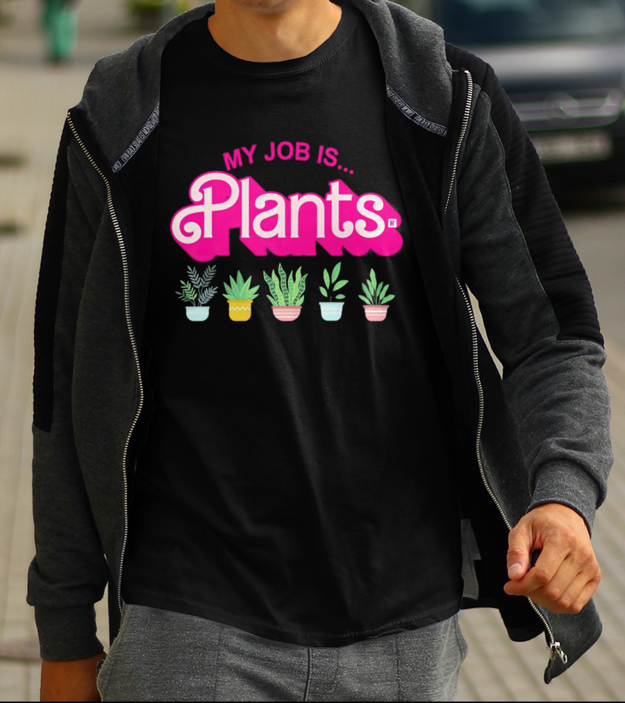 Barbie Plants My Job Is Plants Pink Logo With Potted Greenery T-Shirt