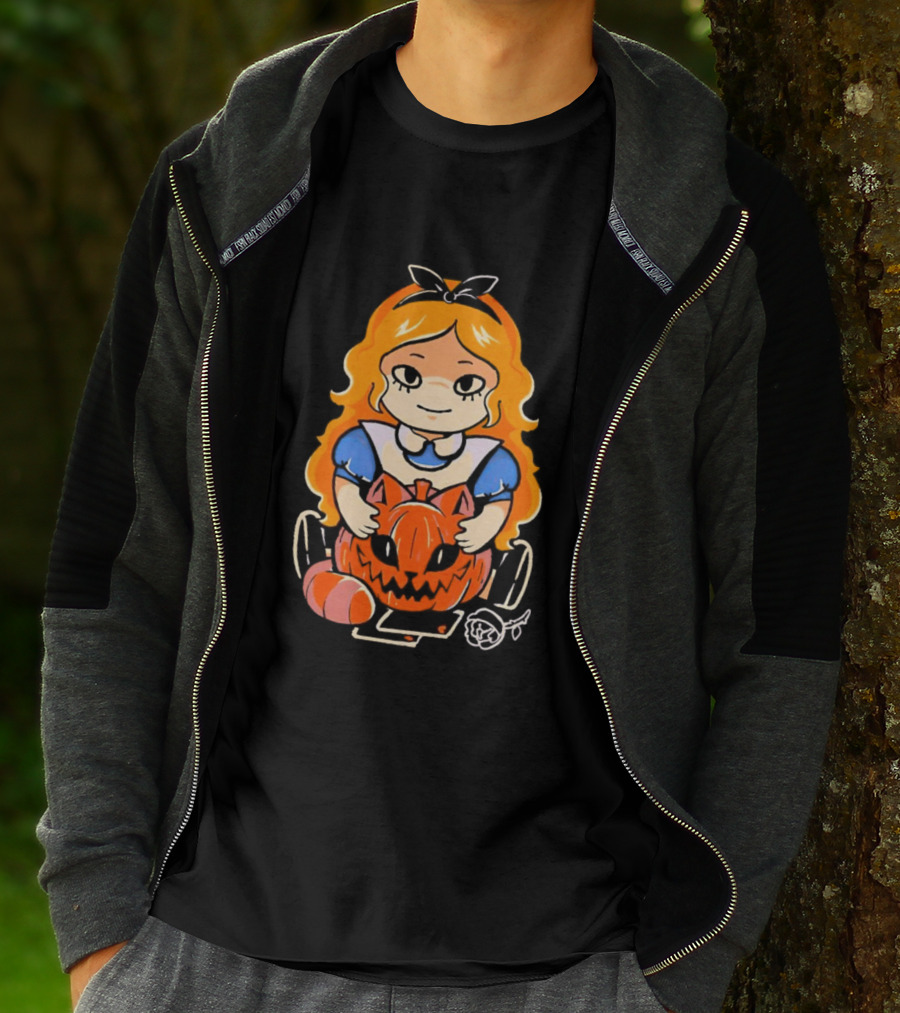 Chibi Alice Wonderland Halloween With Pumpkin And Rose T-Shirt