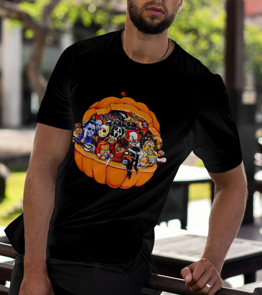 Horror Movie Characters Inside Pumpkin Halloween Icons T-Shirt
