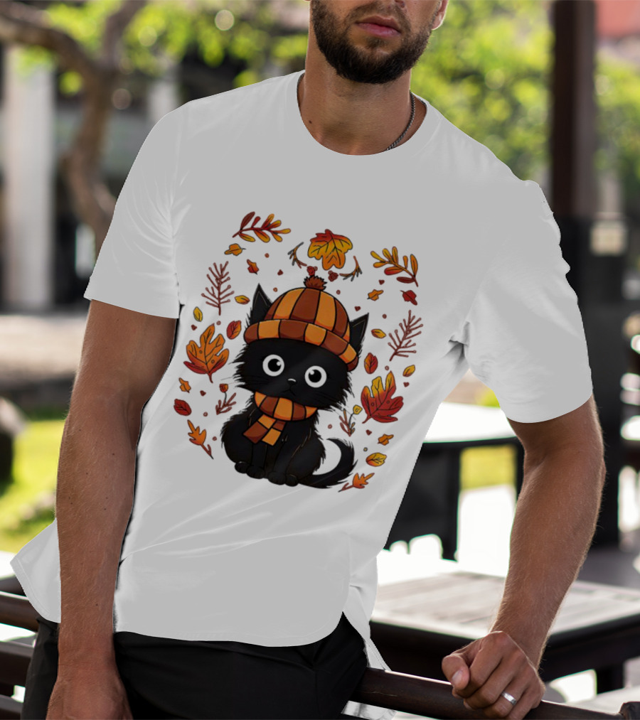 Black Cat Autumn Leaves Cozy Fall T-Shirt