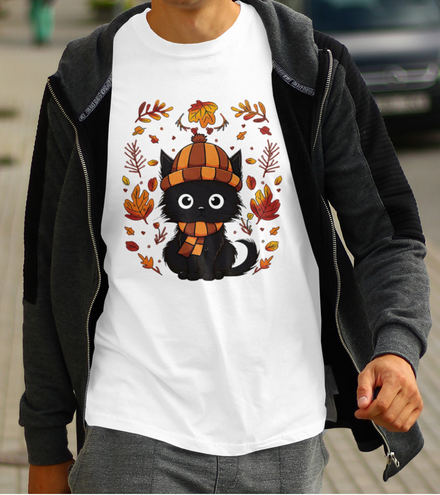 Black Cat Autumn Leaves Cozy Fall T-Shirt