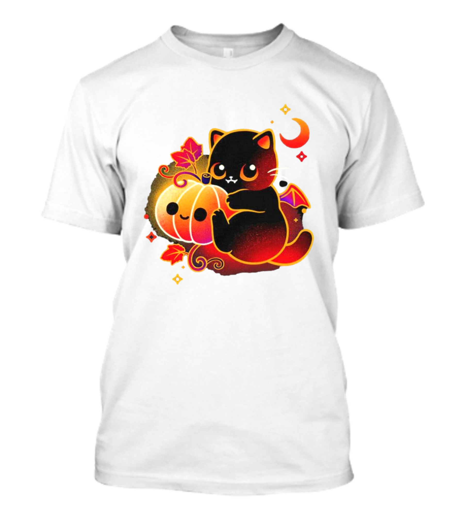 Cat Demon Halloween Moon Pumpkin Leaves Bat Wings T-Shirt