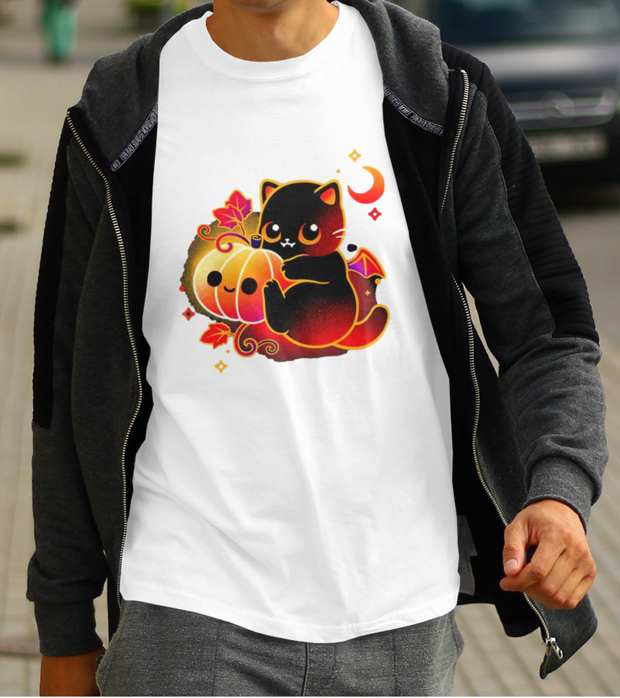 Cat Demon Halloween Moon Pumpkin Leaves Bat Wings T-Shirt