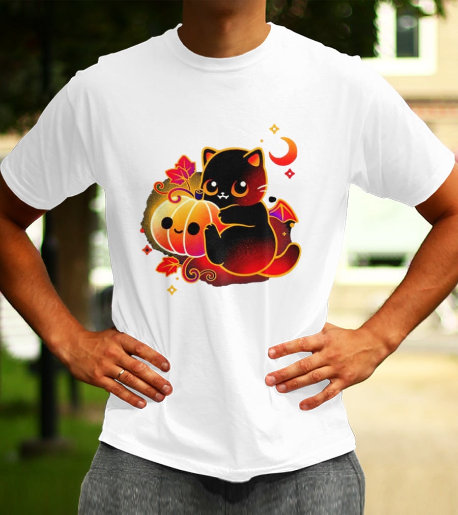 Cat Demon Halloween Moon Pumpkin Leaves Bat Wings T-Shirt