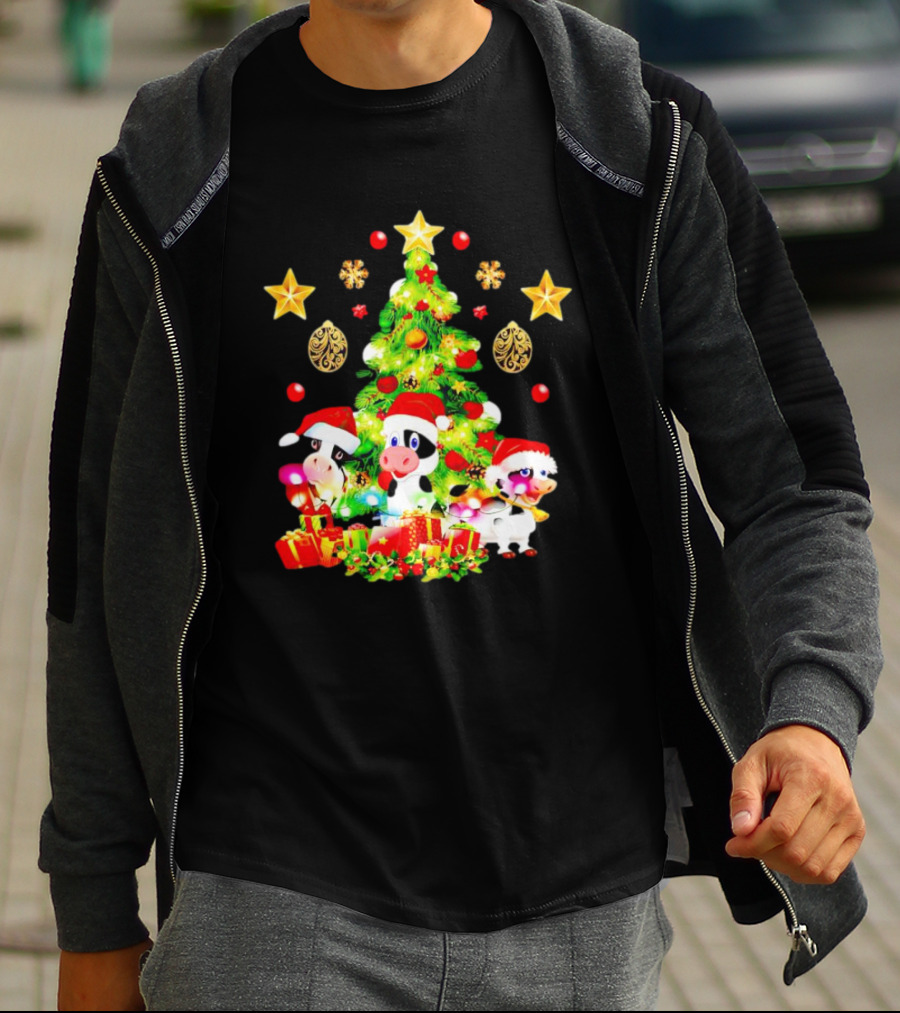 Dairy Cow With Christmas Tree Festive Santa Hats And Presents T-Shirt
