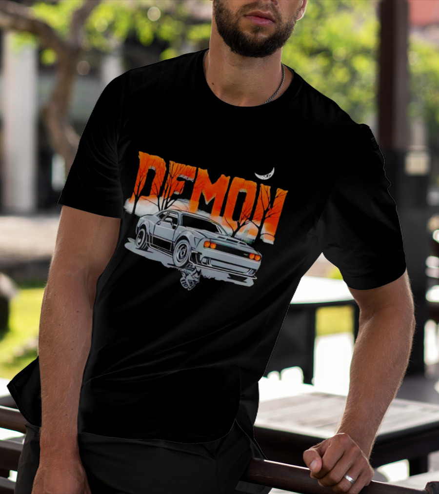 Demon Dodge Challenger SRT Halloween Moon Scene T-Shirt