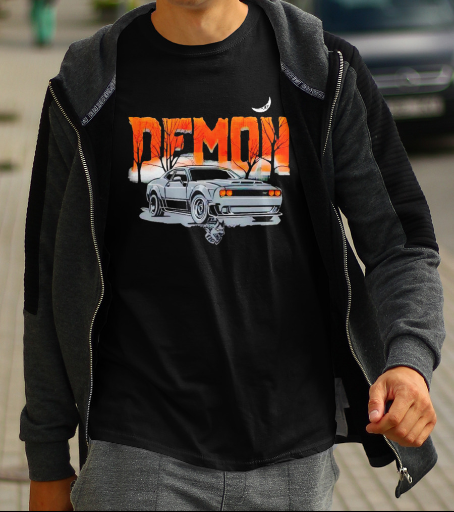Demon Dodge Challenger SRT Halloween Moon Scene T-Shirt