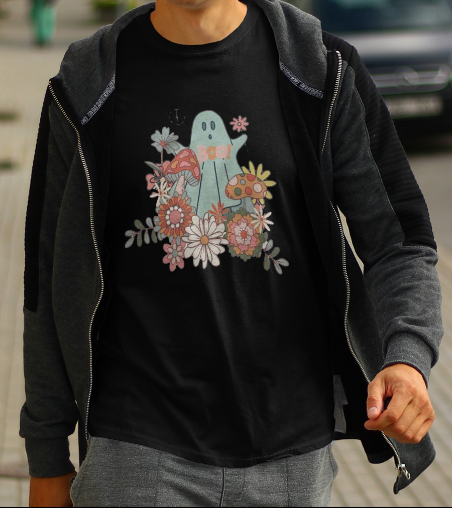 Hippie Boo Ghost With Flowers And Colorful Mushrooms T-Shirt