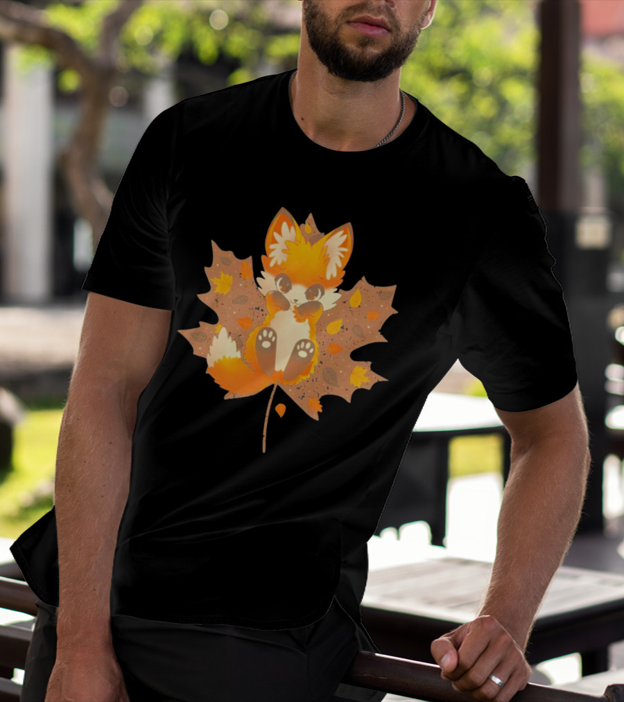Kitsune Autumn Fox With Maple Leaf And Fall Colors T-Shirt