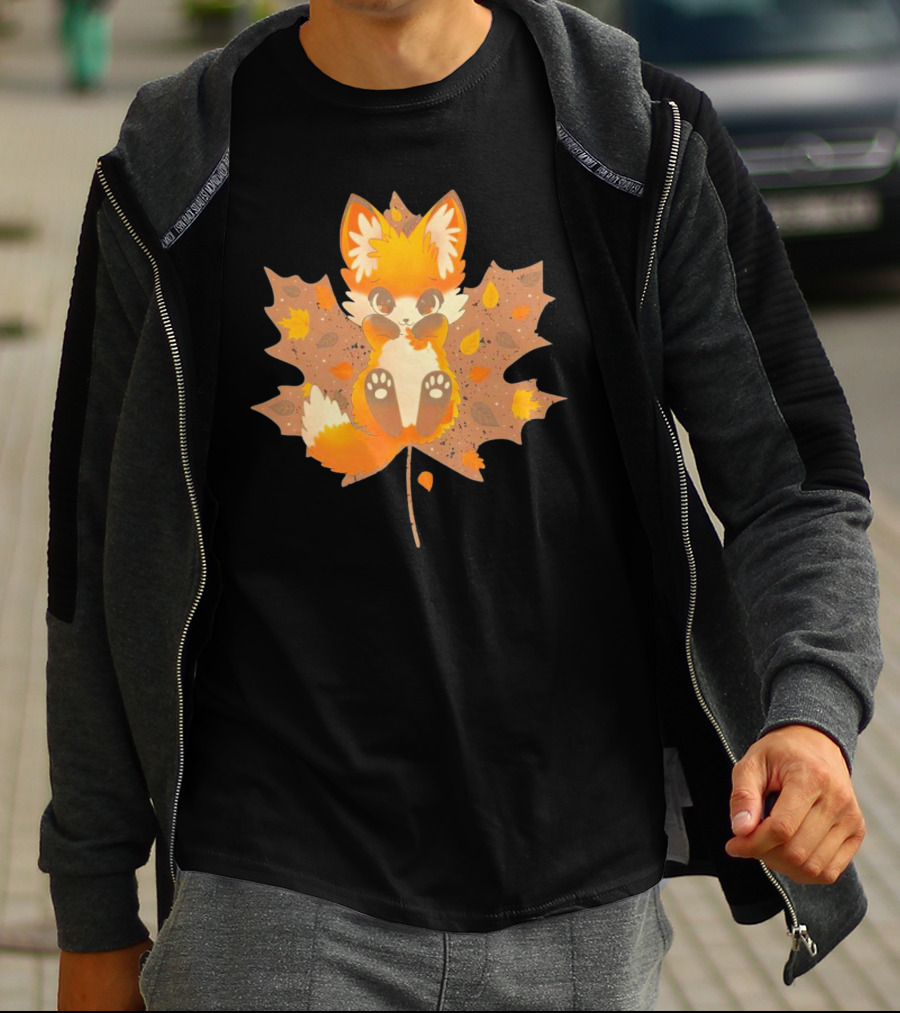 Kitsune Autumn Fox With Maple Leaf And Fall Colors T-Shirt
