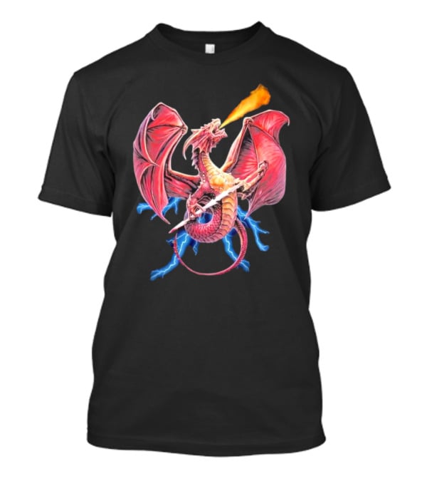 Red Dragon Breathing Fire Holding Sword Flying With Lightning In Background T-Shirt
