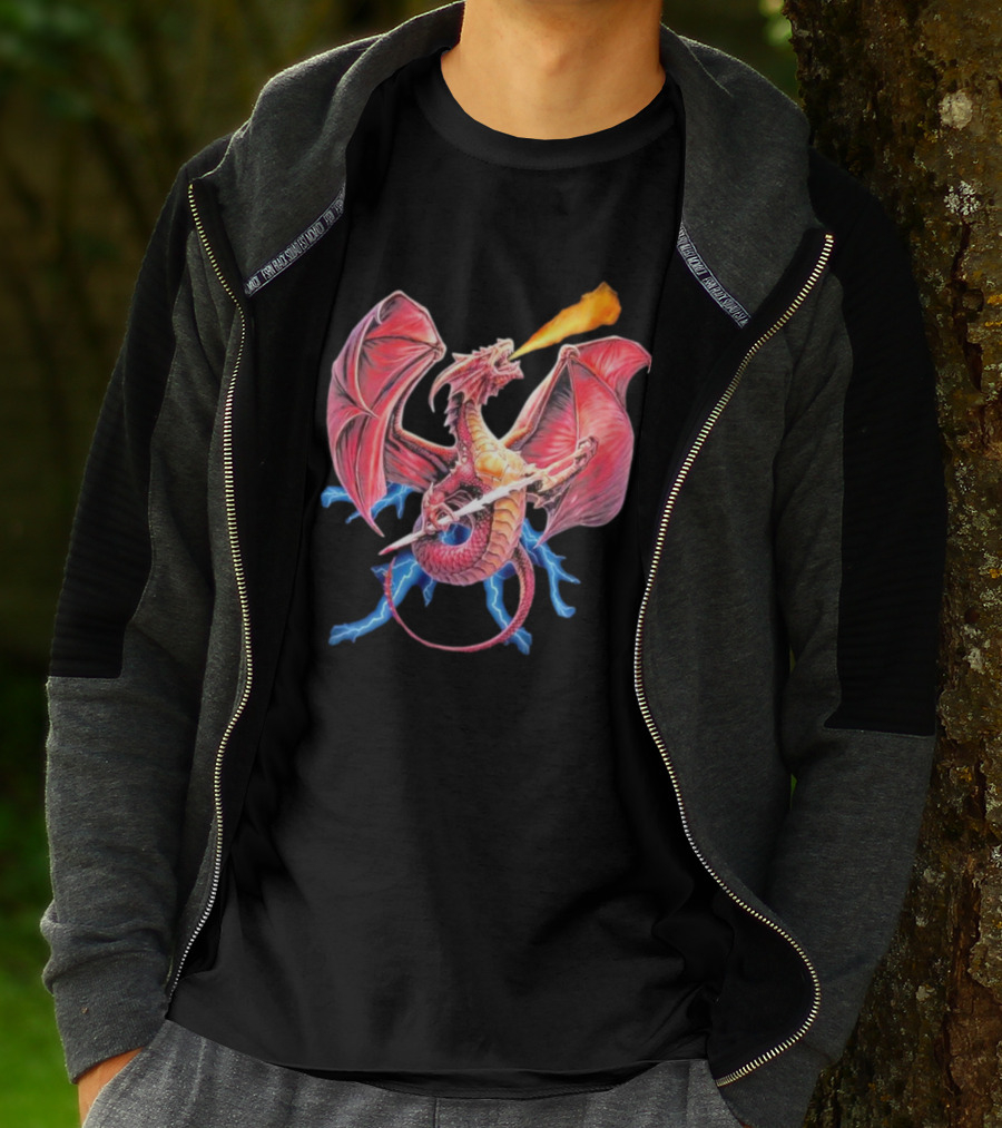 Red Dragon Breathing Fire Holding Sword Flying With Lightning In Background T-Shirt