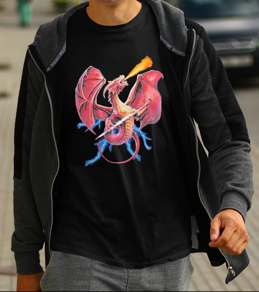 Red Dragon Breathing Fire Holding Sword Flying With Lightning In Background T-Shirt