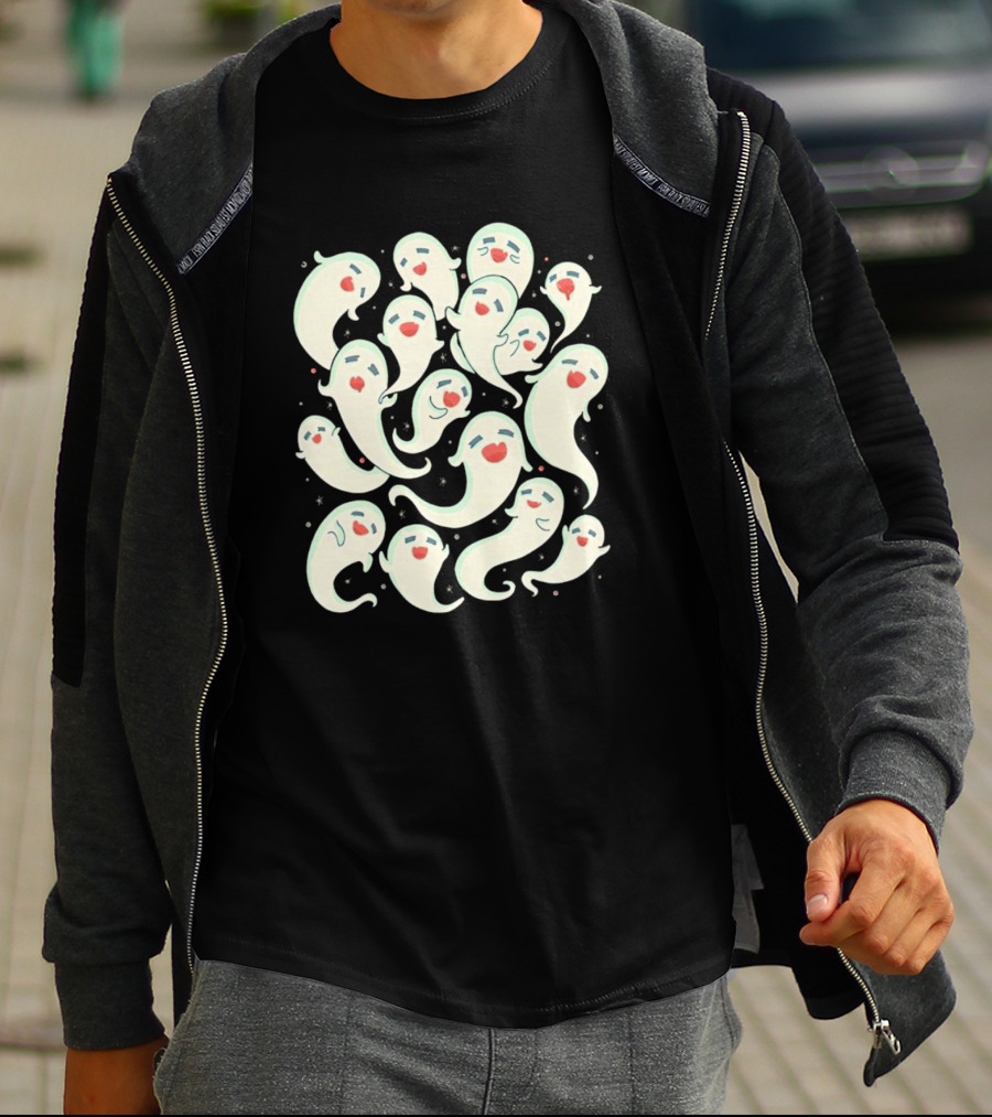 Spirited Squad Ghostly Gathering With Playful Faces T-Shirt