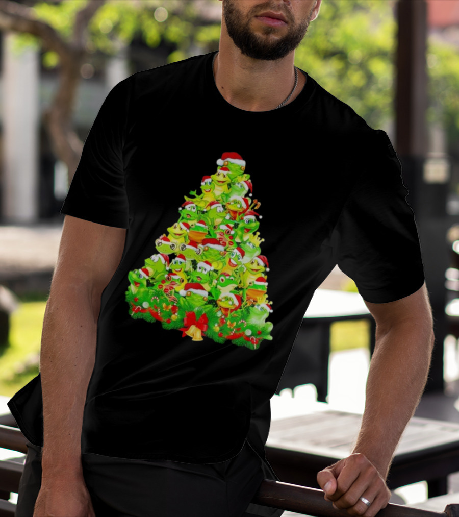 Frogs With Santa Hats Christmas Tree Holiday T-Shirt