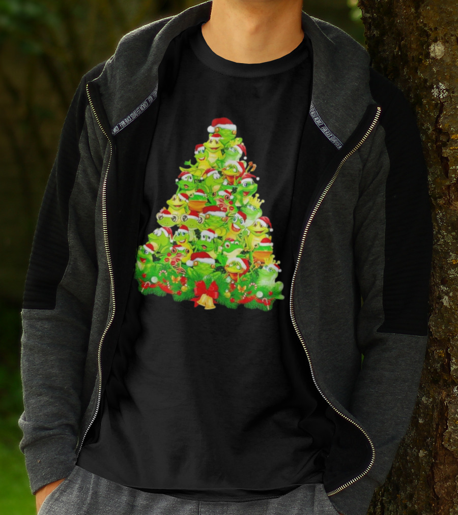 Frogs With Santa Hats Christmas Tree Holiday T-Shirt