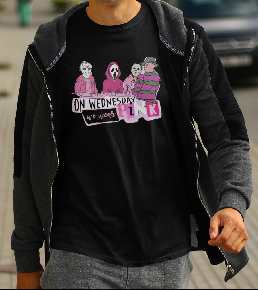 On Wednesday We Wear Pink Horror Movie Characters T-Shirt
