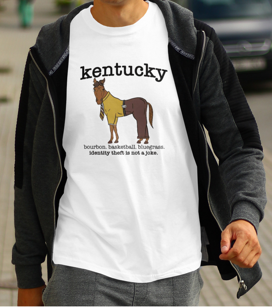 Kentucky Horse In Suit With Bourbon Basketball Bluegrass Identity Theft Not A Joke T-Shirt
