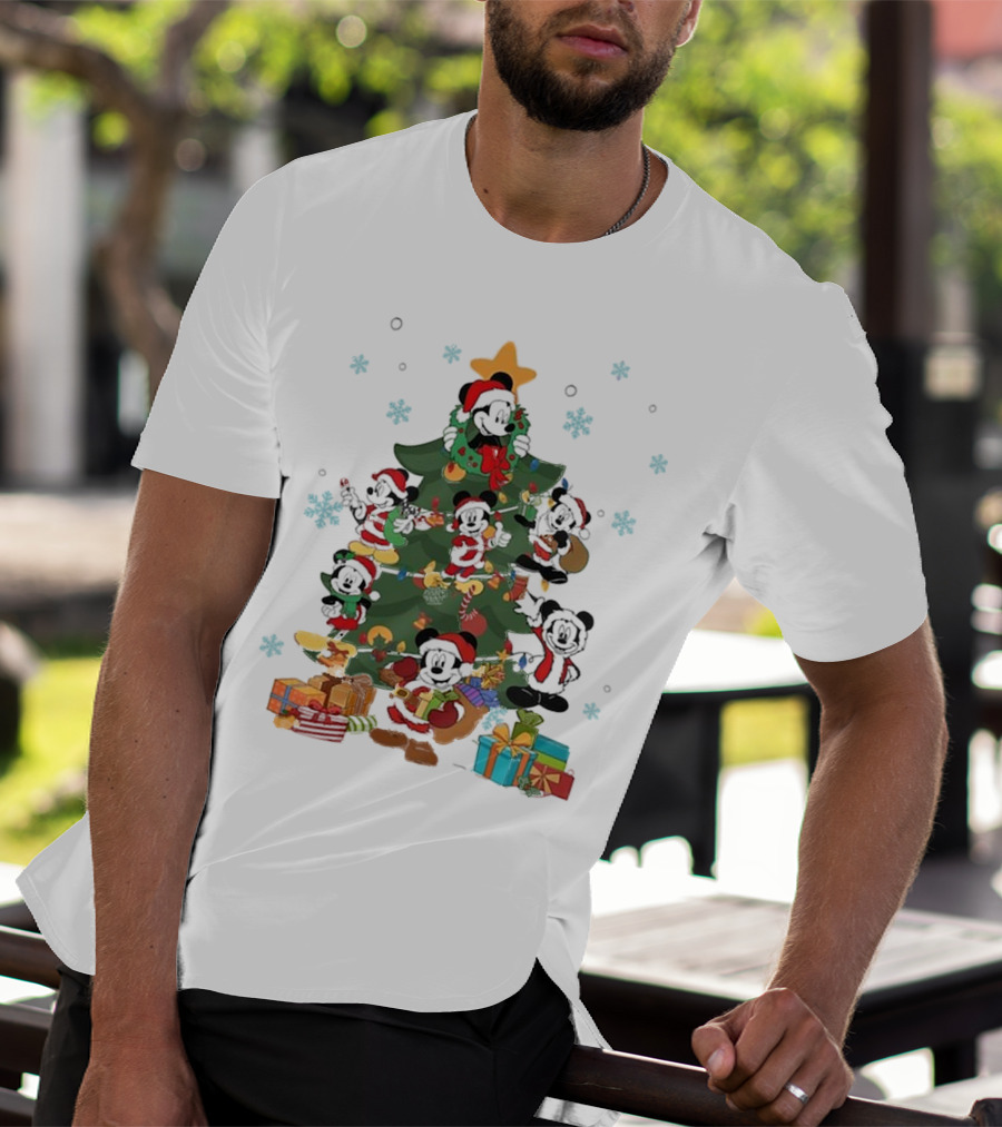 Christmas Tree Mickey Mouse Holiday Characters With Gifts And Snowflakes T-Shirt