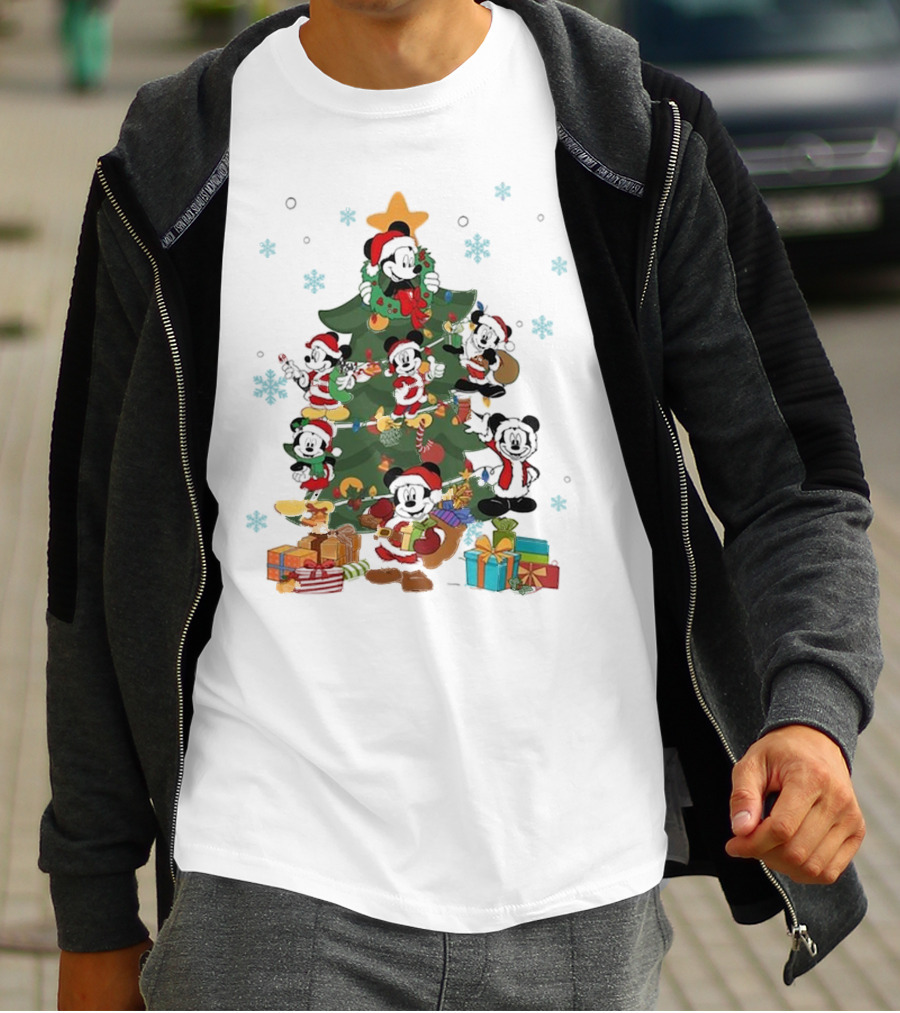 Christmas Tree Mickey Mouse Holiday Characters With Gifts And Snowflakes T-Shirt