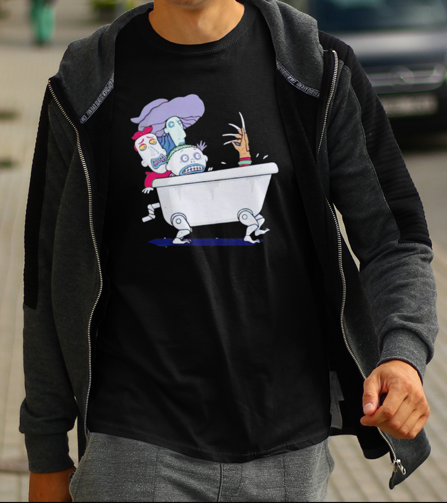 Halloween Scary Bathtub Cartoon Skeletons And Claw Hand T-Shirt