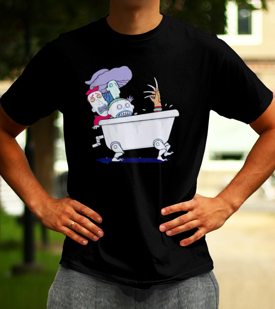 Halloween Scary Bathtub Cartoon Skeletons And Claw Hand T-Shirt