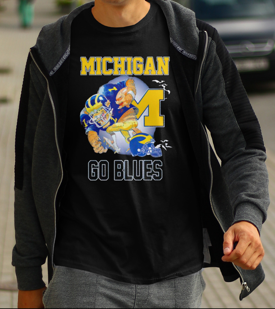 Michigan Wolverines Go Blues Football Player And Helmet T-Shirt