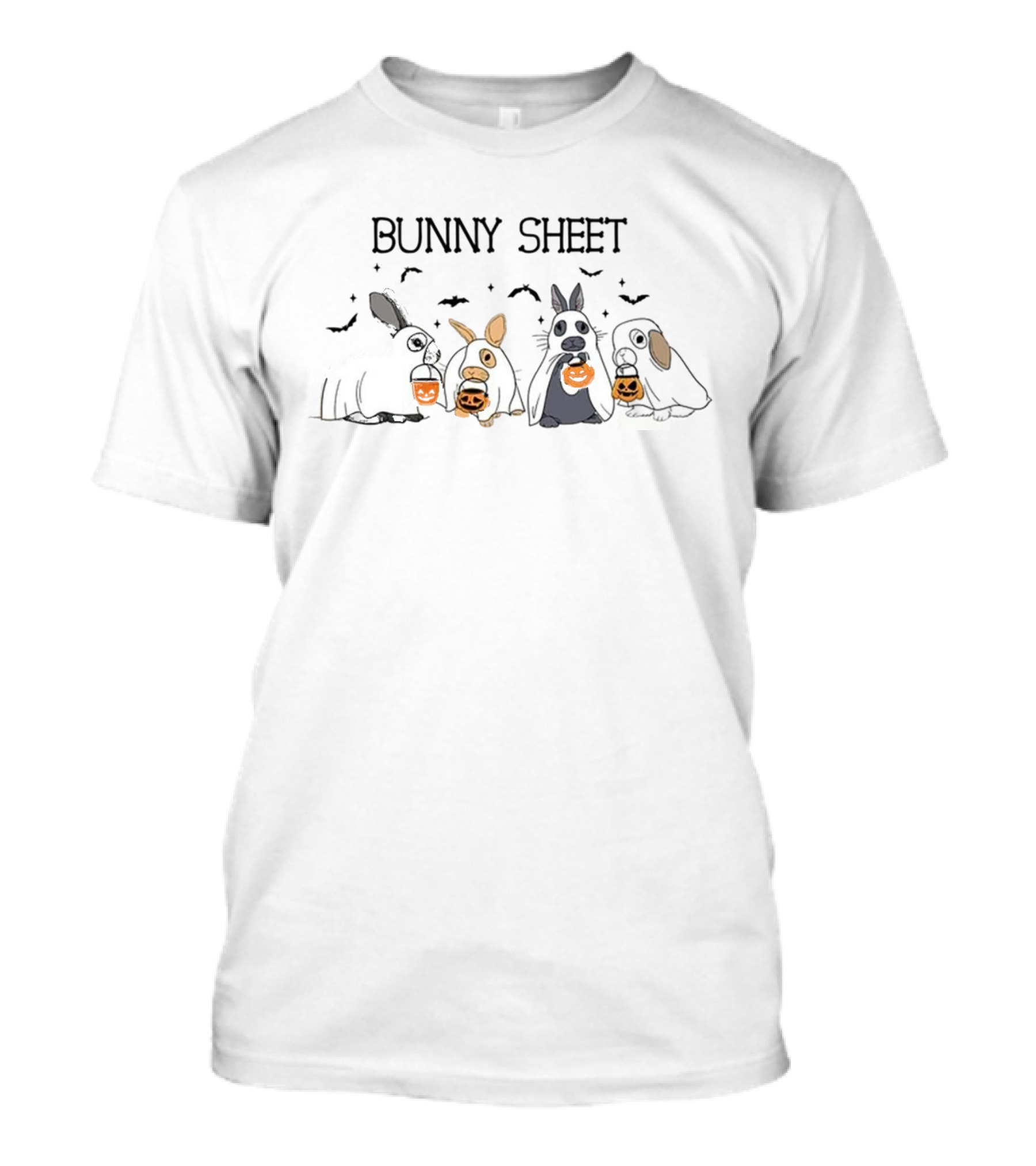 Bunny Sheet Funny Halloween Ghost Rabbits With Pumpkin Buckets T-Shirt