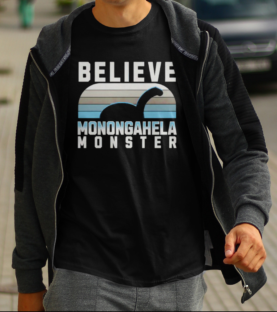 Believe Monongahela Monster Dinosaur Silhouette Striped T-Shirt