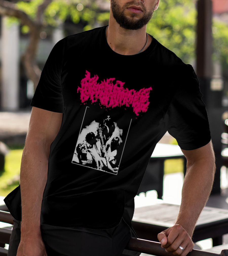Gorehammer Graphic In Pink Gothic Font With Monochrome Horror Scene T-Shirt