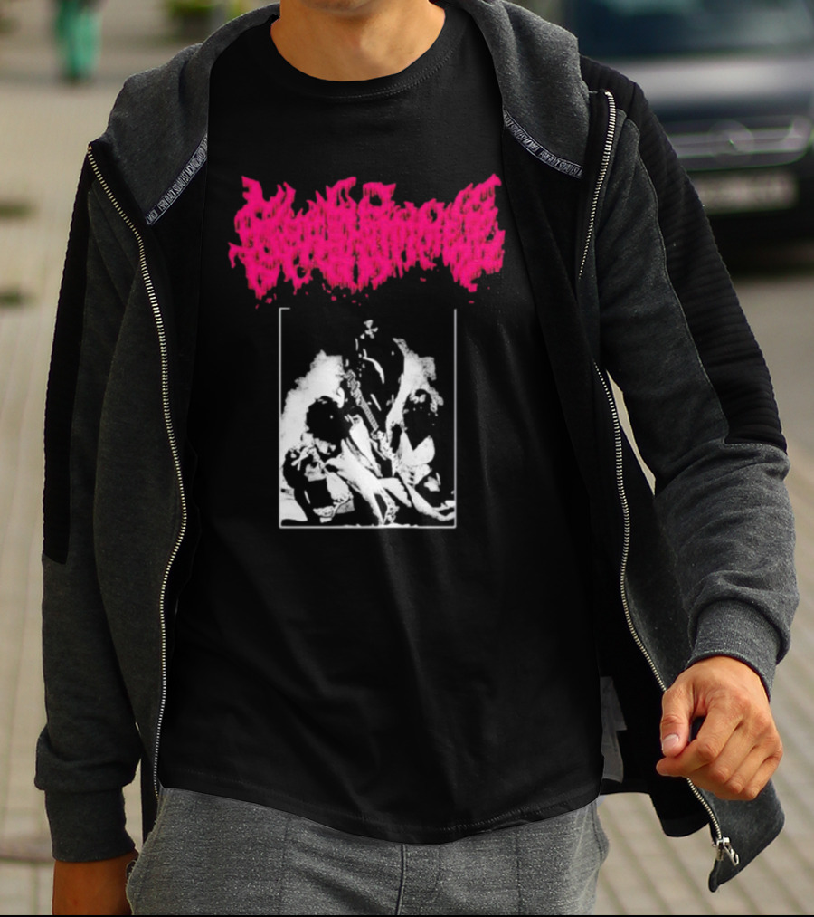 Gorehammer Graphic In Pink Gothic Font With Monochrome Horror Scene T-Shirt
