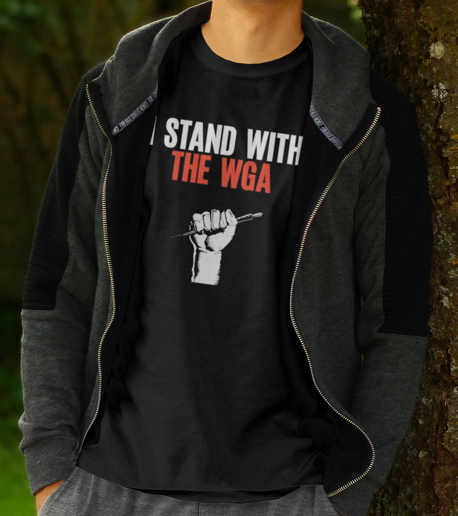 I Stand With WGA Logo Graphic Wrath Fist Artwork Tshirt Battle Writer Usa Harvard Union Caru T-Shirt