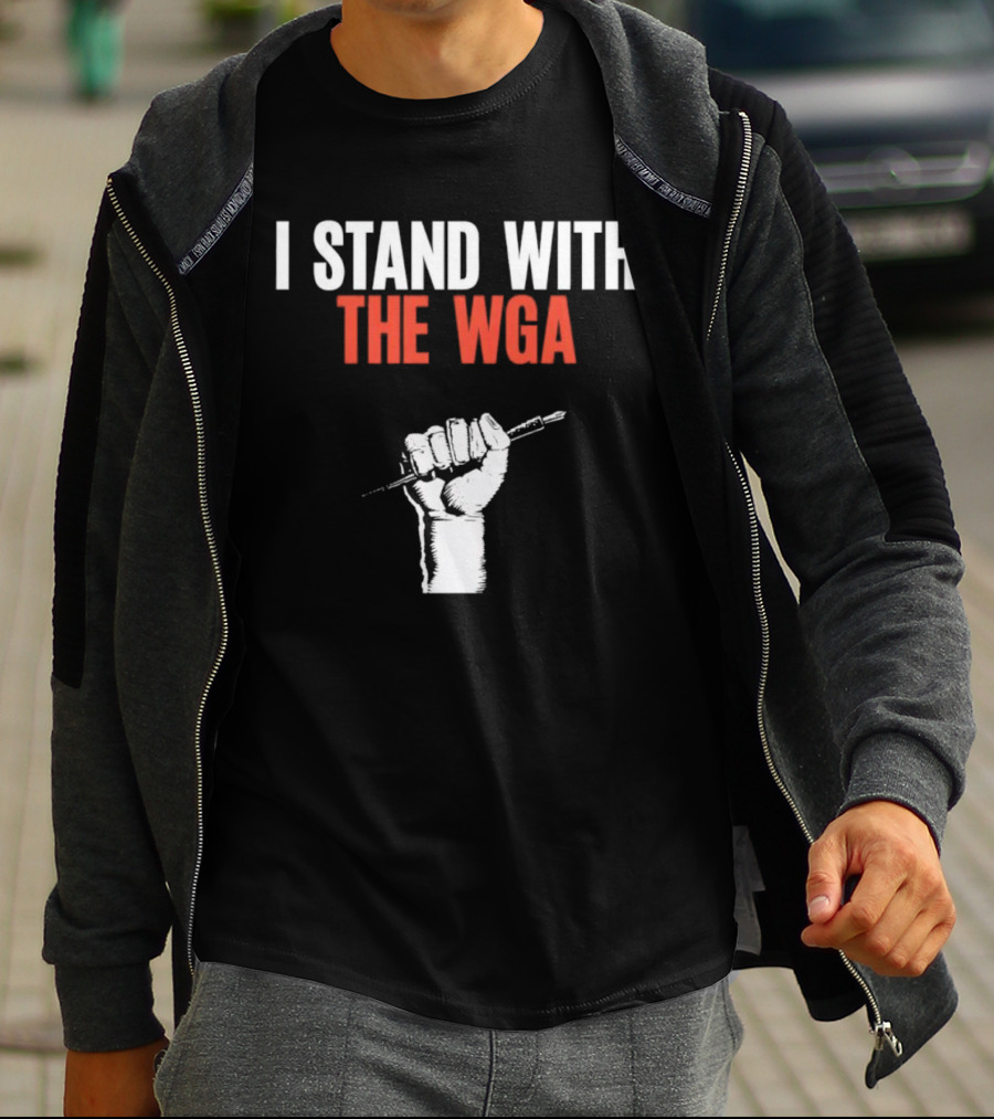 I Stand With WGA Logo Graphic Wrath Fist Artwork Tshirt Battle Writer Usa Harvard Union Caru T-Shirt