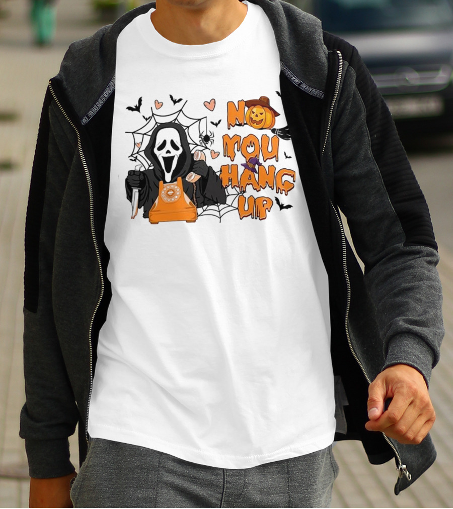 No You Hang Up Ghost With Pumpkin Phone Halloween Bats And Cobwebs T-Shirt