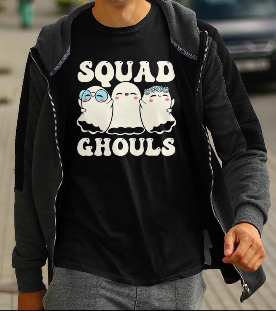 Squad Ghouls Halloween Cute Ghosts With Glasses And Flowers T-Shirt