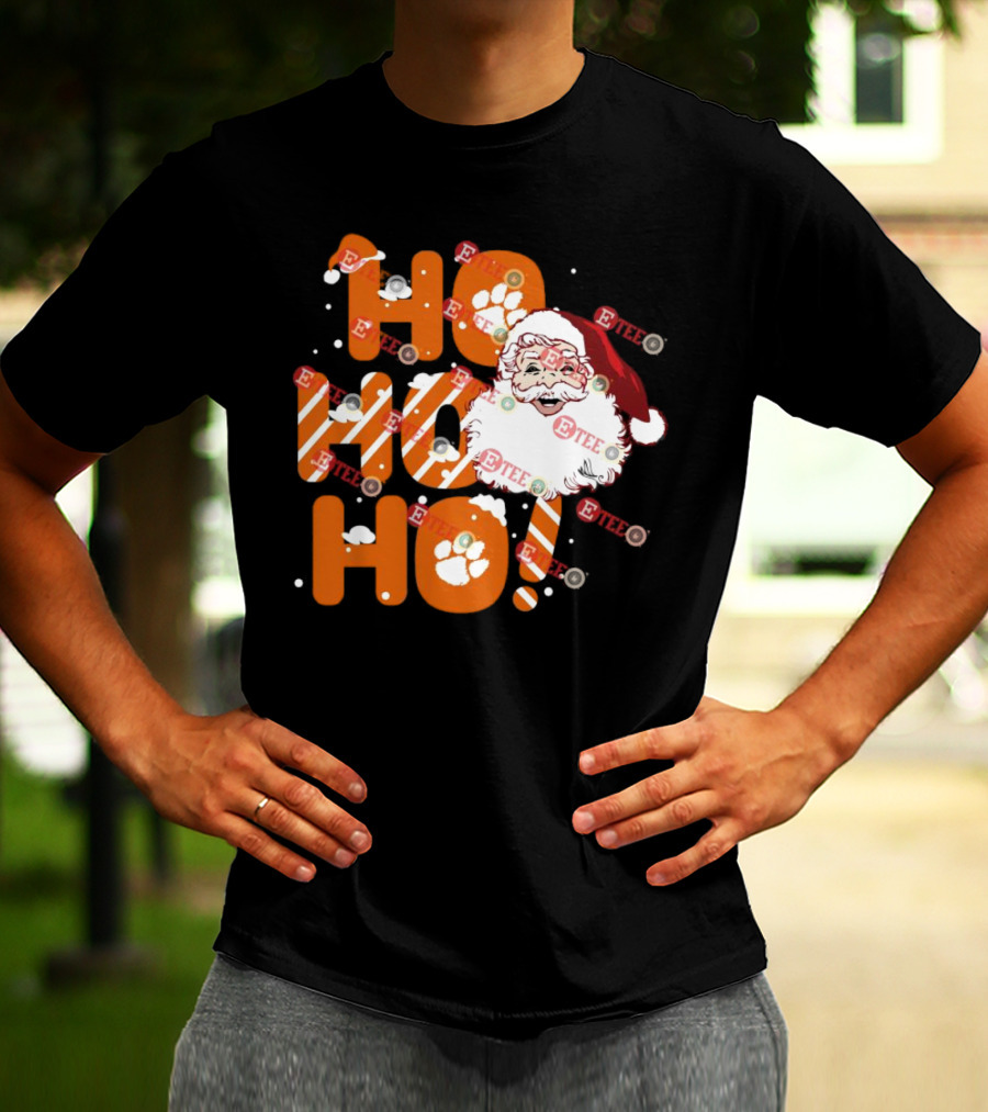 Clemson Tigers Santa Claus Ho Ho Ho Christmas Paw Print Snowflakes T-Shirt