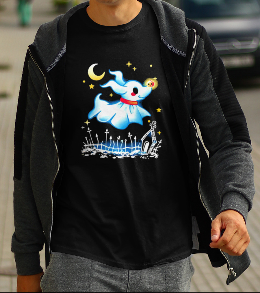 Flying Ghost Dog With Moon And Stars Halloween Scene T-Shirt