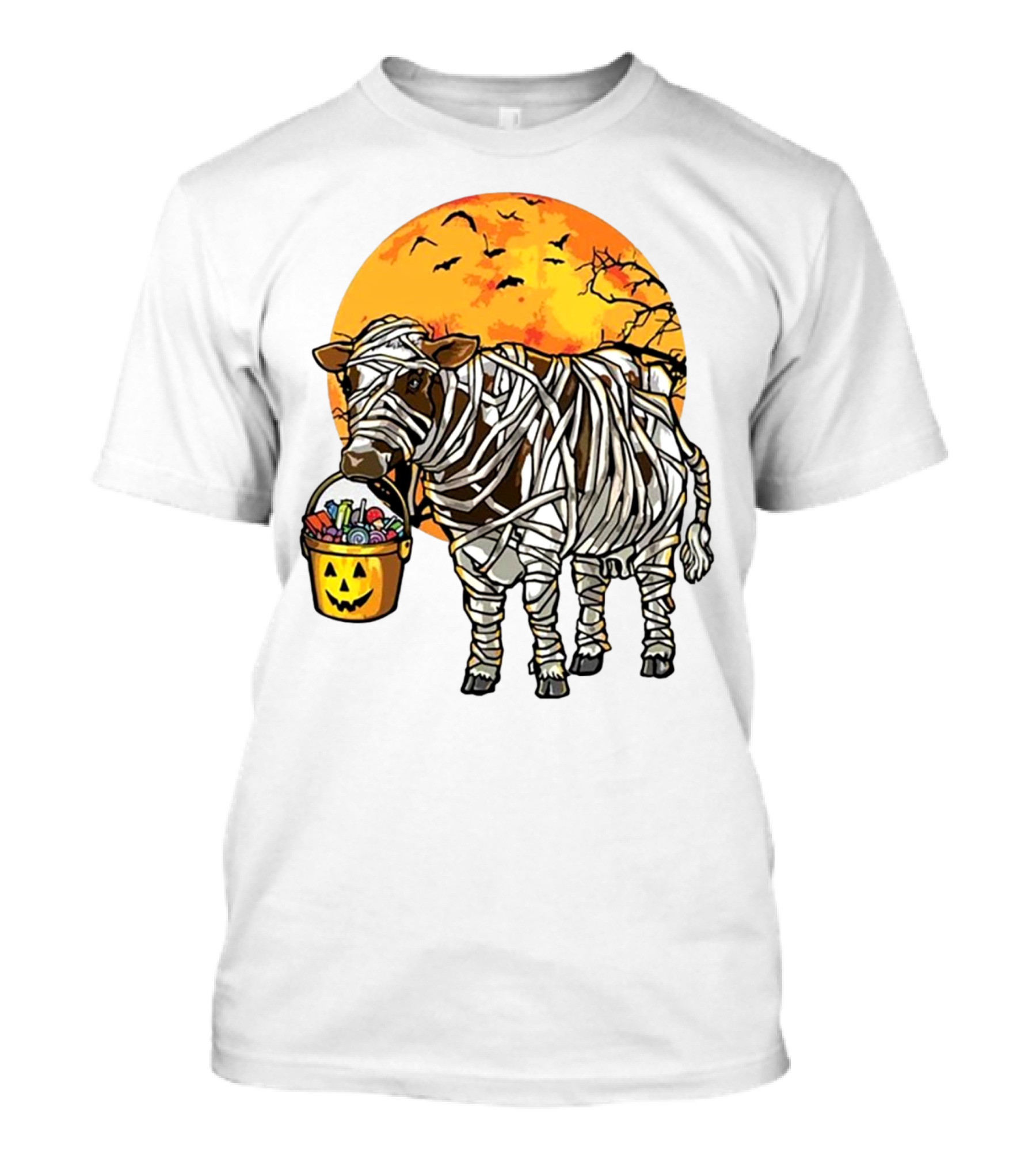 Mummified Cow Trick-or-Treating Under Full Halloween Moon T-Shirt