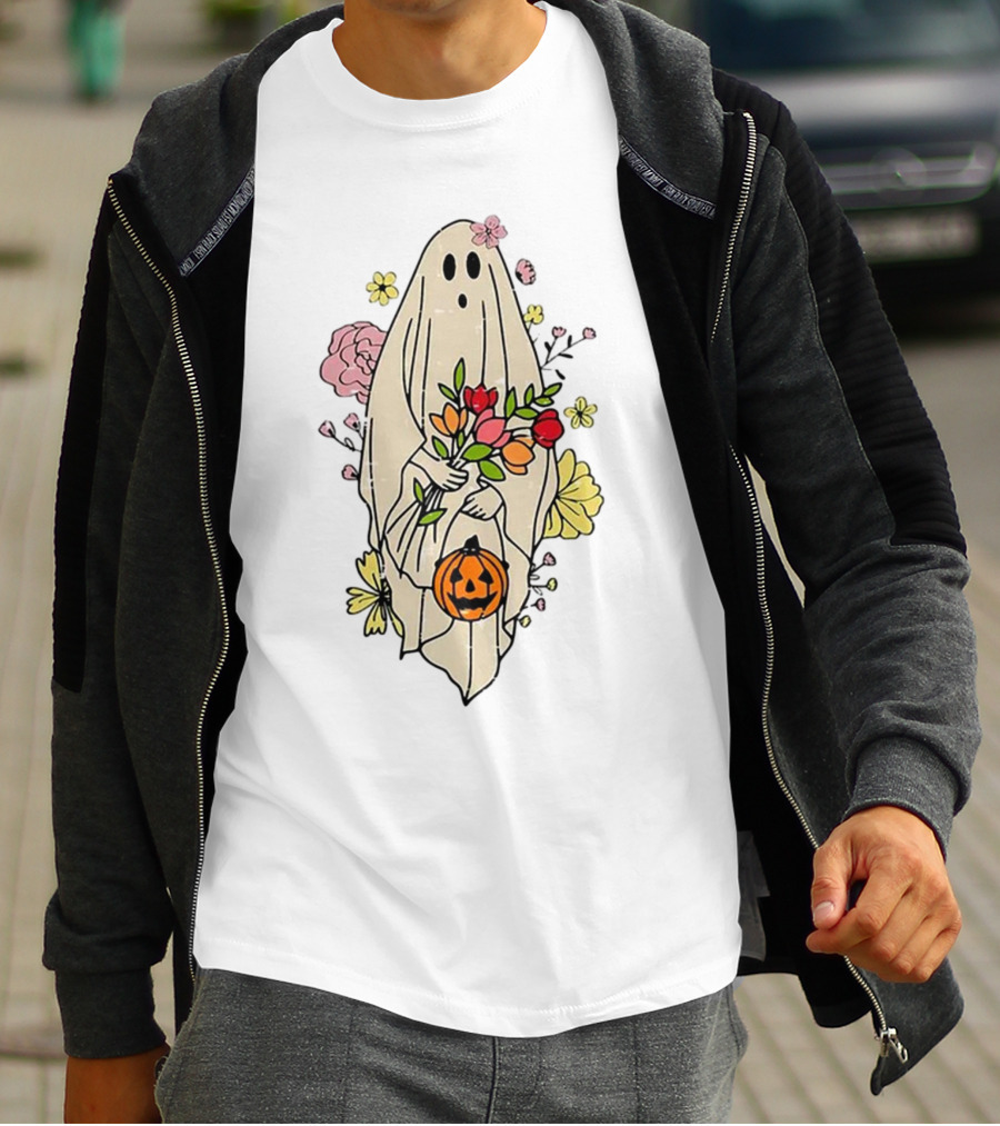 Halloween Pumpkin Costume Funny Vintage Cute Floral Ghost Bouquet T-Shirt