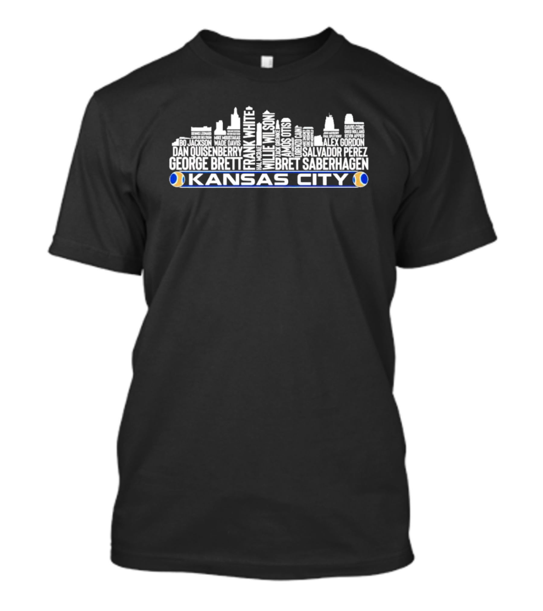 Kansas City Skyline Frank White Willie Wilson Salvador Perez Alex Gordon George Brett Bo Jackson Names T-Shirt